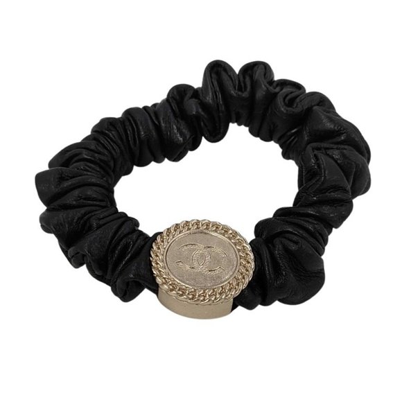 CHANEL Scrunchie Hair Accessory with Coco Mark, Gold and Black Leather, Women's - Picture 1 of 4